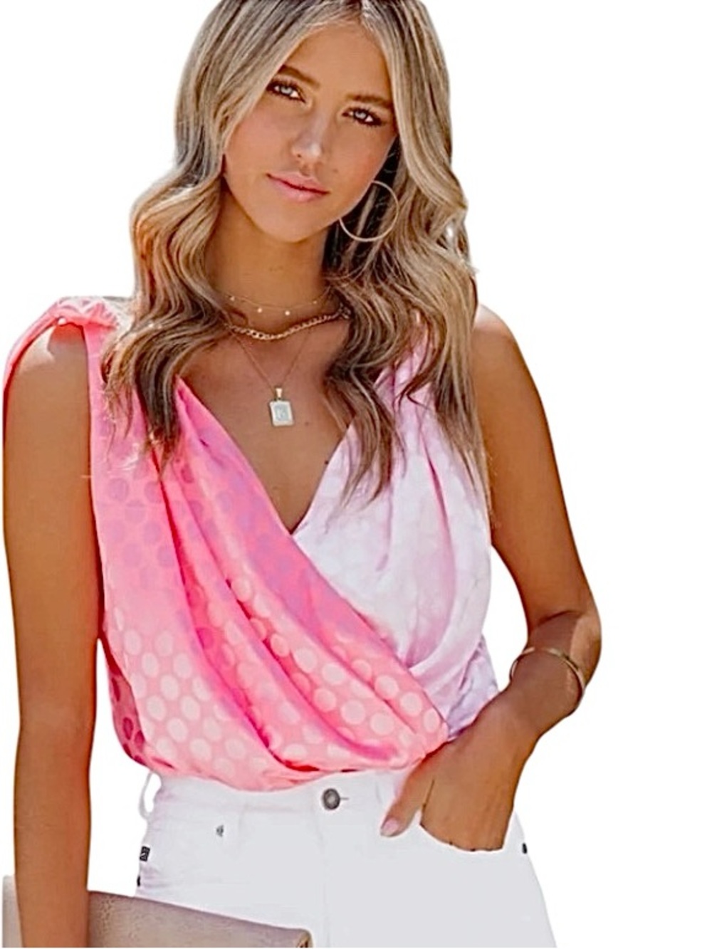 Strut & Bolt Dual Toned Pink Polka Dot Draped Bodysuit Size Small NWT